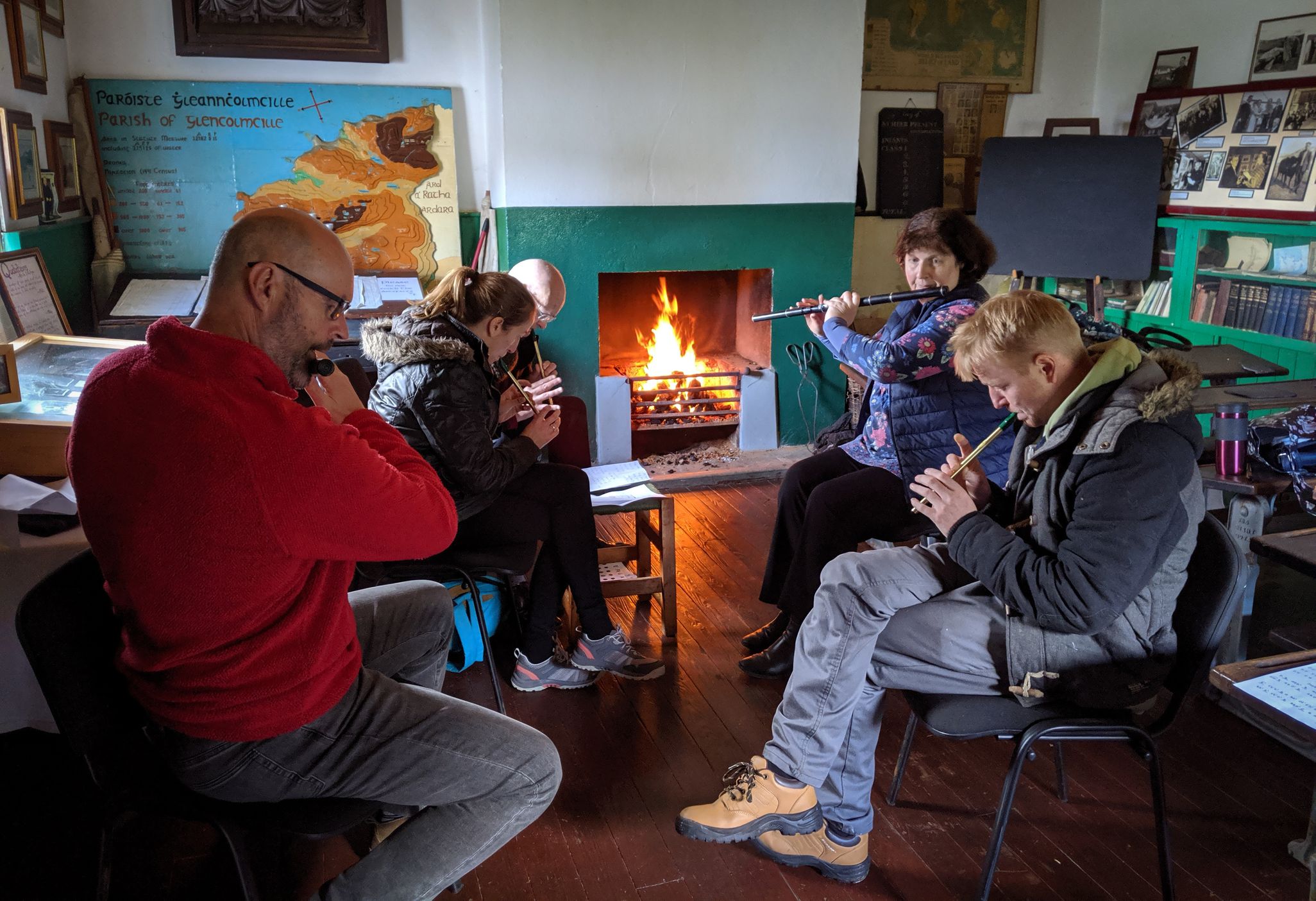 A flute and tin whistle class in the Glencolmcille Folk Museum