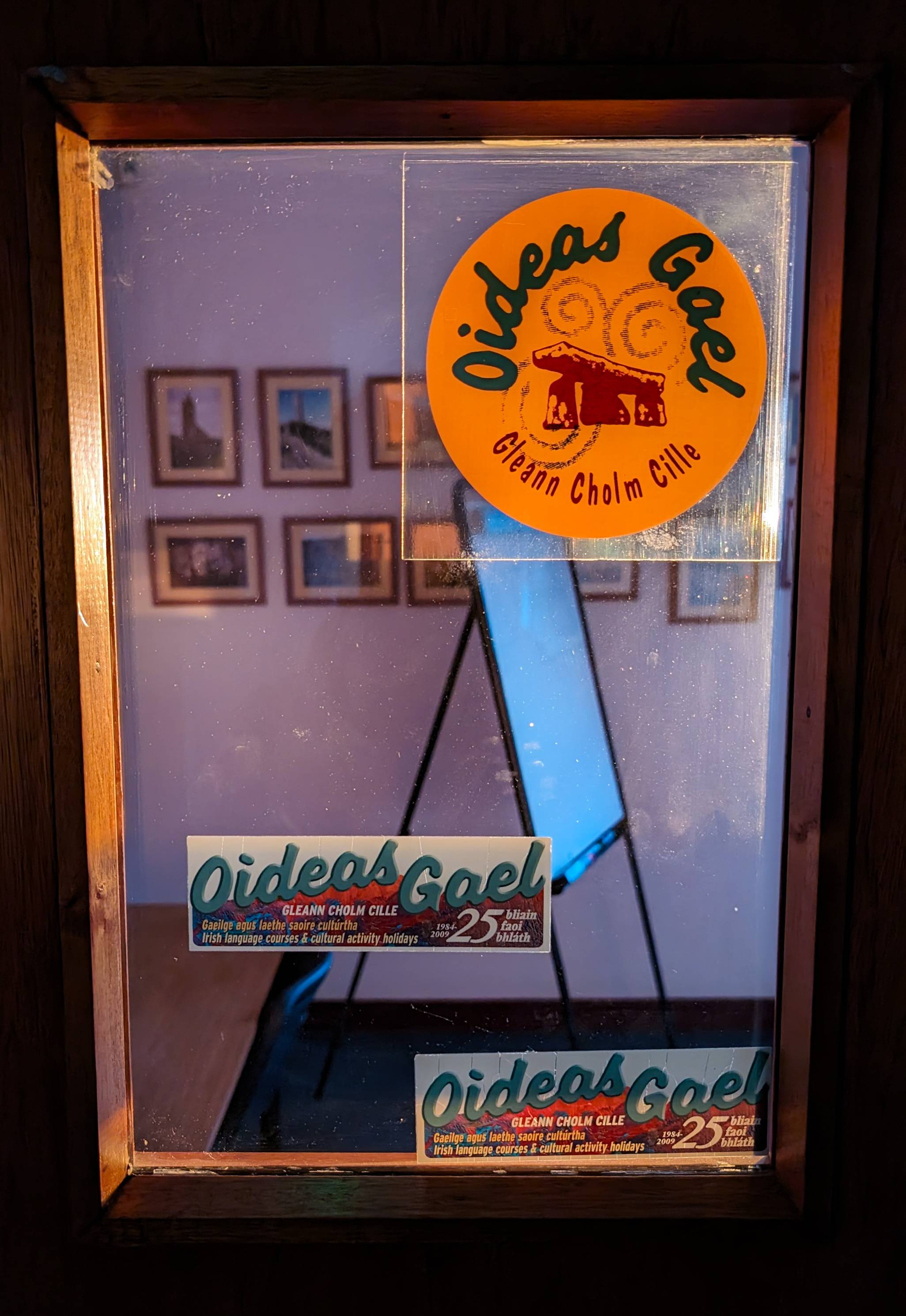 Oideas Gael stickers on a classroom door